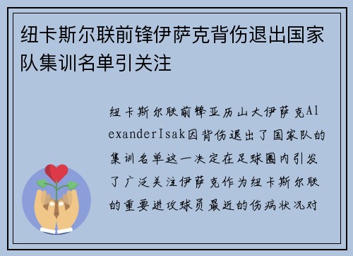 纽卡斯尔联前锋伊萨克背伤退出国家队集训名单引关注