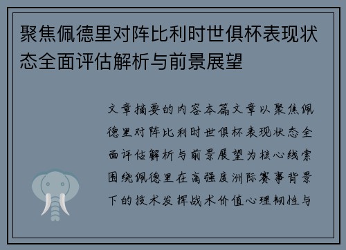 聚焦佩德里对阵比利时世俱杯表现状态全面评估解析与前景展望 聚焦佩德里对阵比利时世俱杯表现状态全面评估解析与前景展望